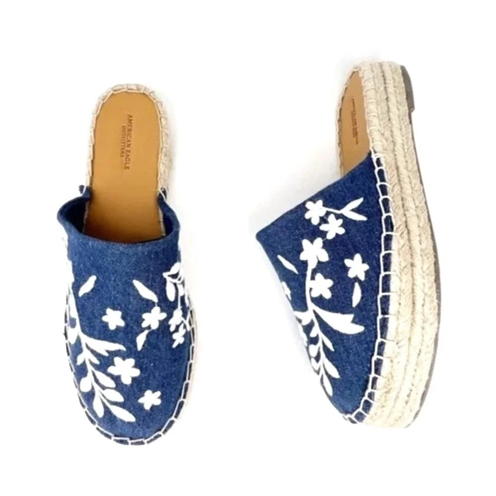 American Eagle Shoes Espadrilles Mules Embroidered Denim Blue White Size 9 New